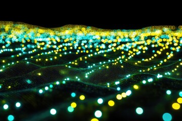 Abstract digital landscape of undulating, dark-green terrain speckled with luminous teal and yellow bokeh lights, creating a sense of depth and ethereal glow against a black background