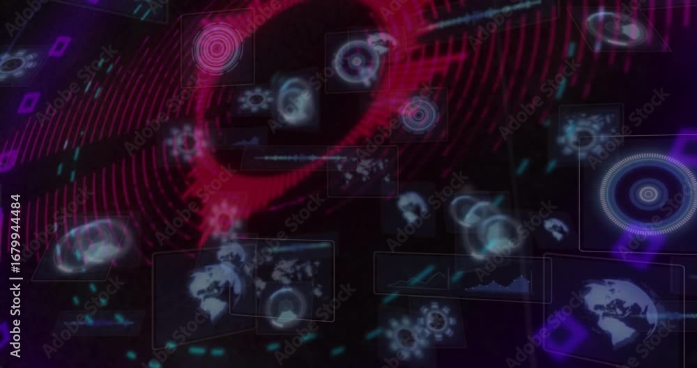 Poster dark void initiating red rings rotating, icons flickering and clustering displaying data network
