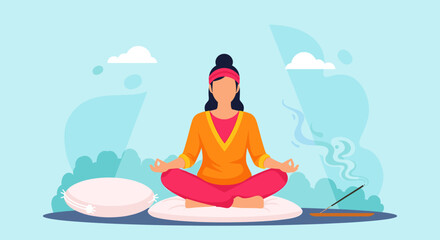 A serene woman meditates in the lotus position outdoors, promoting calm, mindfulness, and spiritual well-being. Ideal for wellness, lifestyle, and relaxation themes.
