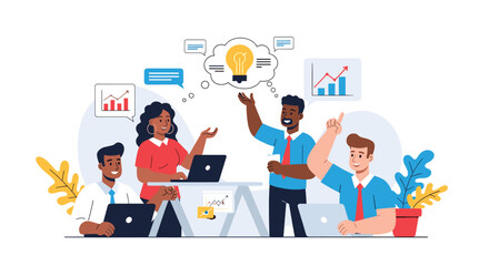 Diverse business team collaborating on a new project, generating ideas for growth and success in a modern office environment.