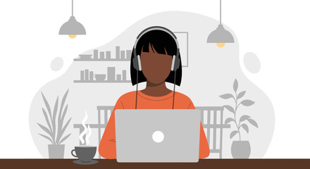 African American woman with headphones working on laptop at home or cafe. Concepts: remote work, online education, communication, productivity, relaxed lifestyle.
