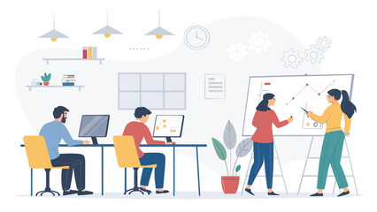 A team of diverse professionals collaborating in a modern office, analyzing data and working on computers, illustrating business growth and teamwork.