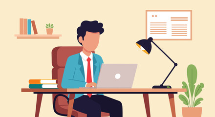 Professional man working diligently on his laptop at a tidy office desk. Ideal for concepts of productivity, remote work, and business.