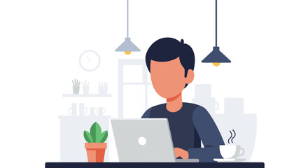 Dedicated person working diligently on a laptop at a modern desk with a plant and coffee. Ideal for concepts of remote work, productivity, and online learning.