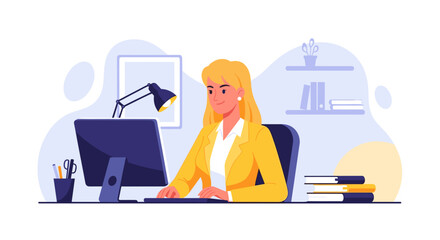 Professional woman focused on her work at a computer in a modern office environment. Ideal for business, productivity, or remote work concepts.