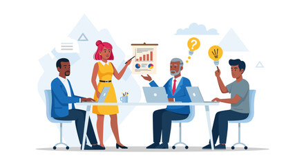 Diverse business team collaborates in a modern office meeting, discussing data, problem-solving, and generating new ideas. Ideal for corporate, teamwork, and innovation concepts.