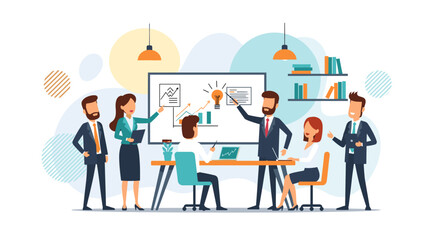 Obraz premium Engaged business professionals in a dynamic office meeting, collaborating on ideas, analyzing market trends, and developing innovative strategies.