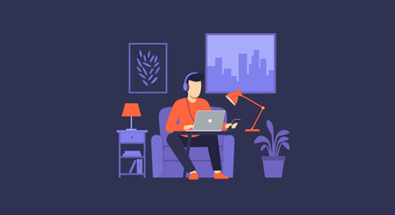 A person works remotely on a laptop with headphones, holding a smartphone in a cozy home setting, ideal for modern work-life balance and online communication.
