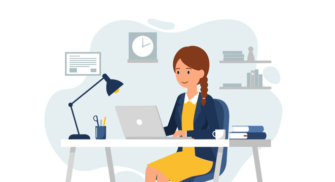 Young businesswoman focused on her laptop in a modern home office, representing productivity, remote work, online learning, and professional career development.