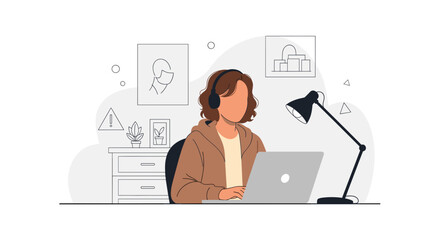 Woman in headphones focused on her laptop at a home desk. Represents remote work, online learning, productivity, and modern digital lifestyle. Ideal for business and technology themes.