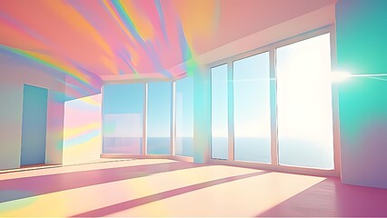 A spacious modern room filled with soft sunlight through wide glass windows, casting rainbow reflections across the walls and floor, dreamy pastel tones creating a calm and futuristic atmosphere.