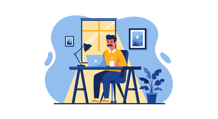 Man with mustache working on laptop at his home office desk. Concept of remote work, freelancing, digital lifestyle, and online productivity.