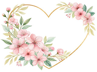Fototapeta premium Watercolor pink blossoms and green leaves framing a golden heart on a white background design element