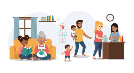 Happy multi-generational family enjoying quality time at home, with children playing, adults preparing food, and grandparents relaxing.