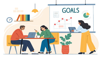 Team members collaborate on laptops in a vibrant office, discussing strategies to achieve business goals displayed on a whiteboard. Ideal for corporate growth.