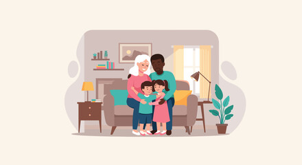 Happy diverse family embracing in a warm, inviting living room. Illustrates love, togetherness, and a joyful home life. Ideal for parenting, lifestyle, and domestic themes.