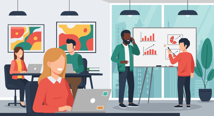 Diverse team collaborating in a modern open-plan office. Professionals work on laptops and analyze data on a whiteboard, showcasing teamwork and productivity.