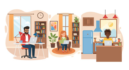 Working from home concept with diverse people using laptops in different cozy domestic settings, highlighting modern work flexibility and telecommuting.
