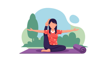 Woman in a balanced yoga pose on a mat in a serene outdoor setting, representing health, fitness, and mindful living.