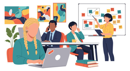 Diverse professionals collaborate in a modern office, planning strategy with a whiteboard and working on laptops. Ideal for business, teamwork, and productivity concepts.