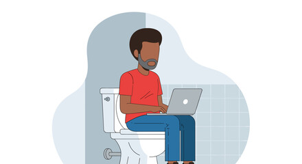 Illustration of a man using a laptop on a toilet, showcasing remote work, multitasking, and the blurred lines between personal and professional life. Perfect for modern work concepts.