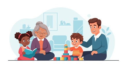 Happy multi-generational family bonding at home. Grandparent reads with a child, while father and son play with building blocks, fostering learning and connection.