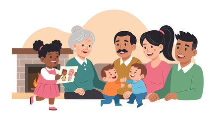 Happy multi-generational family bonding at home. A little girl proudly shows her drawing to her grandmother, symbolizing love, togetherness, and cherished family moments.