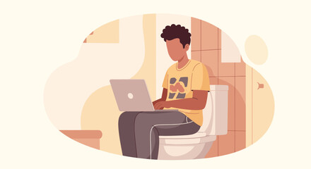 Young man working on a laptop while sitting on a toilet. Illustrates remote work, multitasking, and personal time.