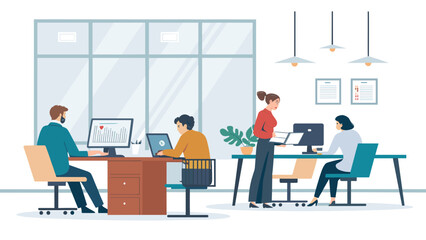 Business professionals are actively working and collaborating in a bright, modern office setting, showcasing teamwork and productivity.
