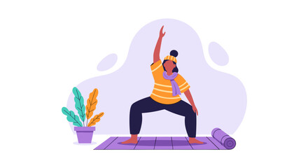 Obraz premium Woman practicing a fitness pose on a yoga mat, illustrating wellness, home exercise, and a healthy lifestyle. Ideal for health, sport, and mindful living content.