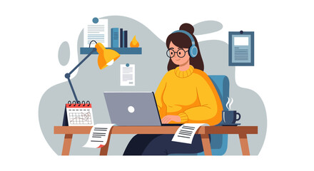 Focused young woman with headphones working remotely on a laptop at her desk, depicting productivity and online learning.