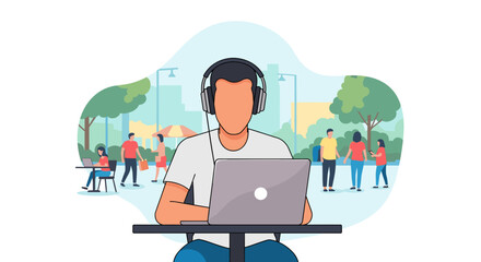 Person in headphones working on a laptop outdoors in a vibrant city park, embodying modern remote work and a flexible digital lifestyle.