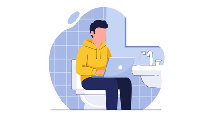 Young man works on a laptop while seated on a toilet, illustrating remote work, flexible productivity, or modern work-from-home lifestyle challenges.
