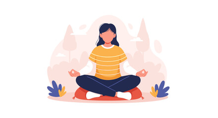 Woman meditating in lotus pose amidst a serene nature backdrop, promoting peace, mindfulness, and relaxation for wellness and stress reduction.