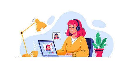 Smiling woman in headphones on a video call, showcasing remote work, virtual meetings, and online communication for modern business or education.