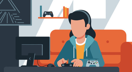 Engaged young person enjoying video games on a monitor at home, showcasing modern leisure and technology. Perfect for lifestyle, entertainment, and digital content.