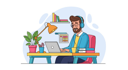 Happy man in headphones works on laptop at a home office desk, surrounded by books and plants. Ideal for remote work, education, or freelance concepts.