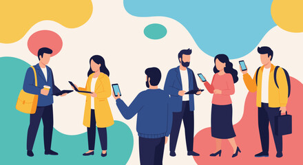 Diverse people connect and communicate using modern technology, illustrating networking, digital interaction, and contemporary business or social concepts.