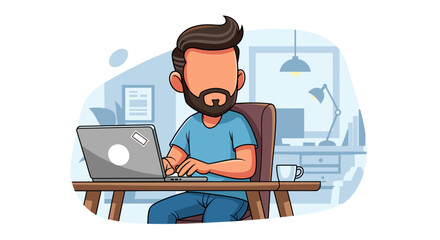 Bearded man working remotely on his laptop from a modern home office, symbolizing productivity, online learning, and flexible digital lifestyle.