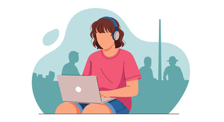 Young person with headphones focused on laptop in an urban setting. Ideal for themes of remote work, online learning, or digital lifestyle.
