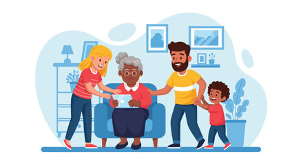 Happy multi-generational family using a tablet together at home, showing intergenerational support and digital literacy for seniors. Ideal for concepts of family bonding, care, and technology.
