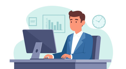 Professional businessman working diligently at his desk in a modern office, analyzing data on his computer. Represents productivity, finance, and corporate success.