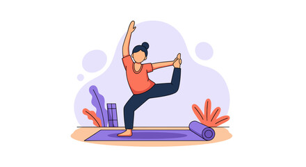 Illustration of a woman in a graceful yoga pose on a mat, emphasizing health, wellness, and a balanced lifestyle. Great for fitness promotion.