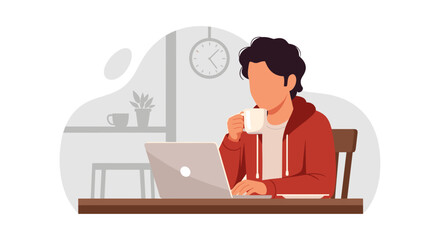 Illustration of a person working remotely on a laptop, enjoying a coffee break in a casual home office setting. Represents productivity, online learning, and flexible work lifestyle.