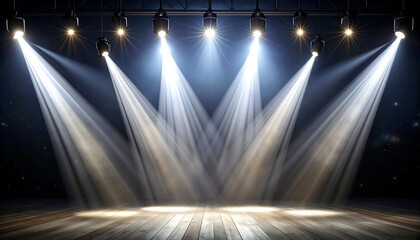 A dramatic stage presentation, bathed in powerful spotlights, highlighting a dark, wooden floor.