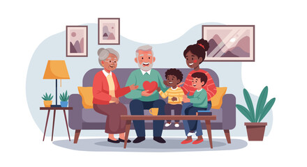 A diverse multi-generational family shares a loving moment on a sofa at home, depicting strong family bonds, care, and happiness. Ideal for themes of support, parenthood, and heartwarming connections.