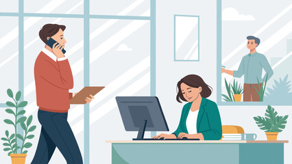 Professionals working productively in a bright, modern office, showcasing communication, collaboration, and a contemporary business environment.