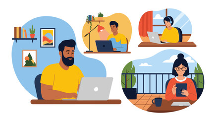Diverse people working remotely from various comfortable home and outdoor settings, showcasing flexible modern work-life balance and digital connectivity.