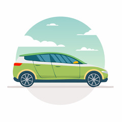 Side view of a light green modern car on a light background with a sky and clouds background.