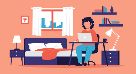 An illustration of a person working remotely on a laptop at a home desk in a bedroom setting, ideal for modern lifestyle and online business concepts.